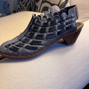 Rieker Antistress Blue Gray Woven Leather Slides Clog 37